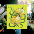 Borachio 2022 Chardonnay Carbonic front label. Yellow-green in colour, featuring a hand-drawn illustration of two tennis ball banksia flowers.