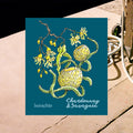 Borachio Chardonnay Savagnin 2022 front label. Dark teal in colour, featuring a hand-drawn illustration of a Mount Compass swamp gum branch, and tennis ball banksia flowers.